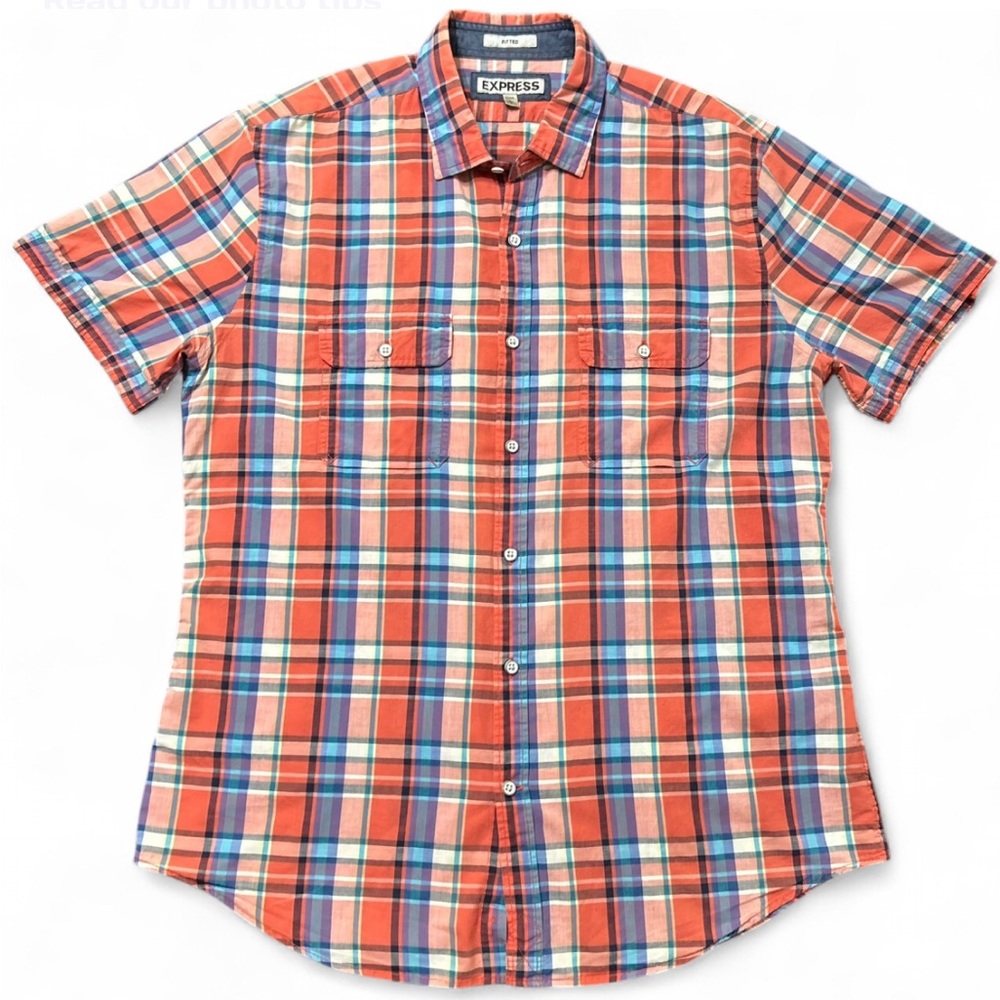 EXPRESS Fitted  Casual Red and Blue Button Down Shirt. Exelent Condition.
